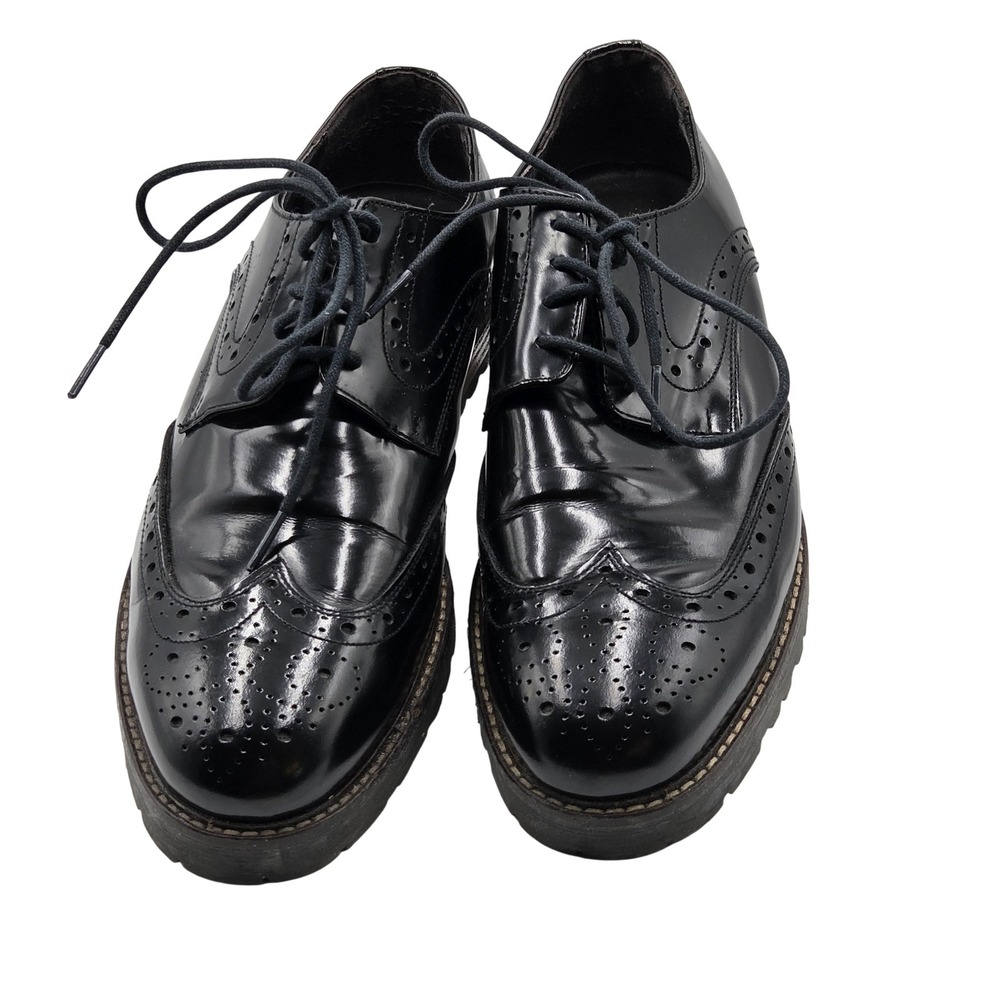 Dress Shoes Mens Size 10 Black Leather Brogue Wingtip Oxford Lug Sole Dress
